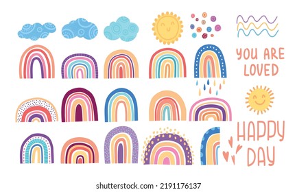 Cute colorful rainbows set. Childish flat vector illustrations collection. Weather forecast, meteorology. Rainy clouds and stars isolated on white background. T shirt print design element. Cute