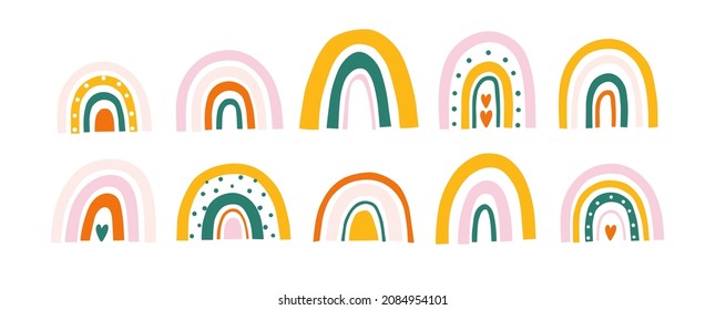 Cute colorful rainbows set. Large modern collection of scandinavian rainbows. Hand drawn children's boho vector illustrations.