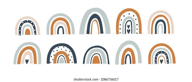Cute colorful rainbows set. Large modern collection of scandinavian rainbows. Hand drawn children's boho vector illustrations.