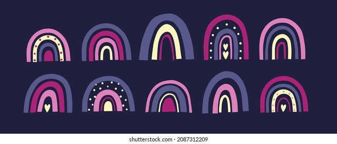 Cute colorful rainbows set. Large modern collection of scandinavian rainbows. Hand drawn children's boho vector illustrations.