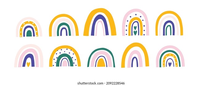Bonitos arcos de colores. Gran colección moderna de arcos escandinavos. Ilustraciones del vector del boho de los niños dibujadas a mano.