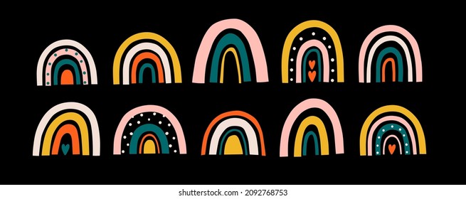 Cute colorful rainbows set. Large modern collection of scandinavian rainbows. Hand drawn children's boho vector illustrations.