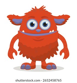 Monstro vermelho bonito e colorido com olhos grandes e pelo fofo em uma postura amigável. Esta encantadora ilustração vetorial é ideal para o conteúdo infantil, desenhos animados e desenhos divertidos.