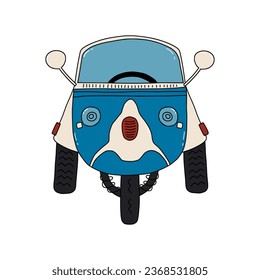 Cute colorful retro blue scooter. Hand drawn vehicle style for design of children's rooms, clothing, textiles, wrapping paper, apparel, clothing, bag or cup. Cartoon, vintage style. Vector EPS 10