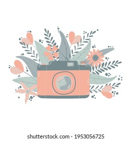 Cute colorful retro photo camera with fllowers in flat cartoon style. Vector hand drawn camera with floral illustration with pastels colors. Isolated on white background.