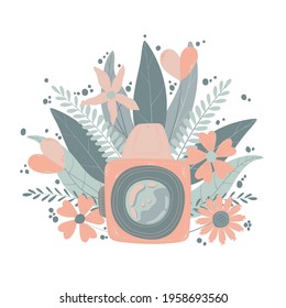 Cute colorful retro photo camera with fllowers in flat cartoon style. Vector hand drawn camera with floral illustration with pastels colors. Isolated on white background.