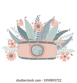 Cute colorful retro photo camera with fllowers in flat cartoon style. Vector hand drawn camera with floral illustration with pastels colors. Isolated on white background.