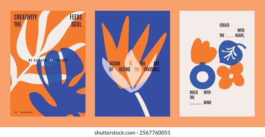 Cute and colorful, retro quote poster templates. Abstract floral posters with bold colors, orange and blue flowers. Floral elements on vector poster template with quotes. Vibrant floral template.