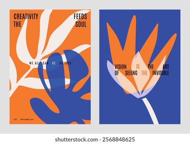 Cute and colorful, retro quote poster templates. Abstract floral posters with bold colors, orange and blue flowers. Floral elements on vector poster template with quotes. Vibrant floral template.
