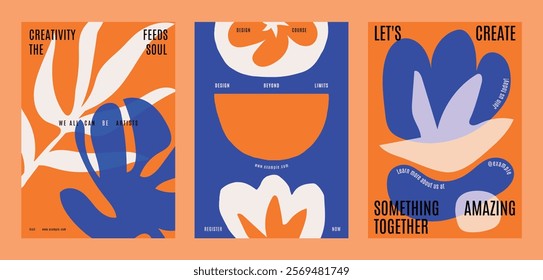 Cute and colorful, retro quote poster templates. Abstract floral posters with bold colors, orange and blue flowers. Floral elements on vector poster template with quotes. Vibrant floral template.