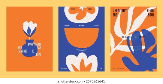 Cute and colorful, retro quote poster templates. Abstract floral posters with bold colors, orange and blue flowers. Floral elements on vector poster template with quotes. Vibrant floral template.