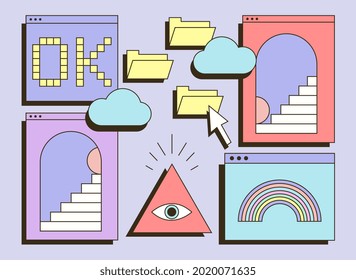 Cute colorful retro vaporwave desktop with message boxes and user interface elements. Concept of old computer desktop with virus, spyware, ransomware. Flat cartoon vector illustration