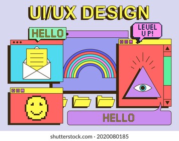 Cute colorful retro vaporwave desktop with message boxes and user interface elements. Concept of old computer desktop with virus, spyware, ransomware. Flat cartoon vector illustration