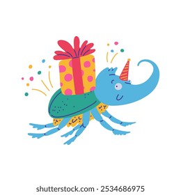 Cute colorful Rhinoceros beetle with gift box. Cartoon smiling horned rhino beetle insect with festive hat and presents for holiday celebration. Vector scarab beetle with firework isolated