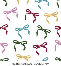 Cute colorful ribbon bows pattern  on a white background. Seamless vector illustration for textile, wallpaper, gift wrapping, and festive decor design.