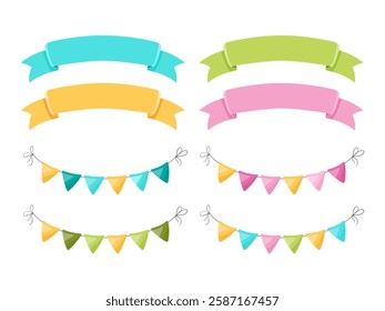 Cute and colorful ribbons and bunting flags in various colors. Perfect for party invitations, banners, and other festive designs. Children's theme. Vector illustration.