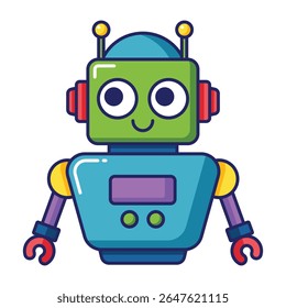 Cute colorful robot cartoon character with antenna and smiling face isolated on white background