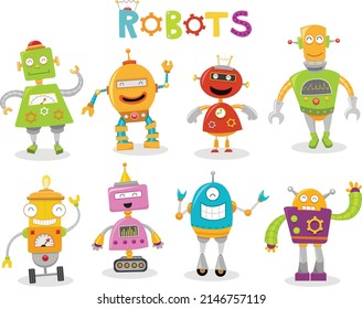 Cute Colorful Robot Character Set