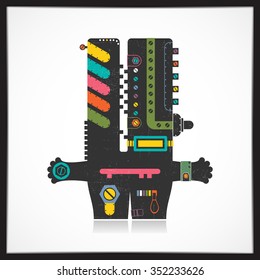 Cute colorful robot with grunge isolated on white. Cartoon illustration. vector