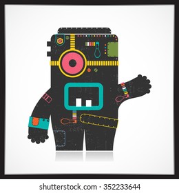 Cute colorful robot with grunge isolated on white. Cartoon illustration. vector