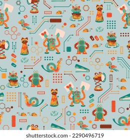 Cute and Colorful Robots in green, orange, yellow and reddish colors on a light green circuit board background