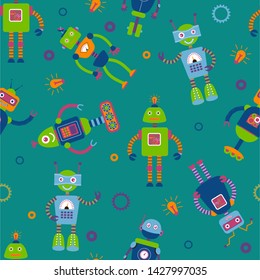 Robots coloridos y pequeños patrones sin fisuras. Robots juguetes para niños. Ilustración vectorial. 