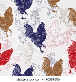 Cute colorful roosters on a gray background. Seamless pattern for your design