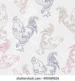 Cute colorful roosters on a gray background. Seamless pattern for your design