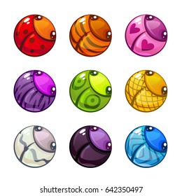Cute colorful round bugs set. Vector assets for bubble game design. Isolated on white background.