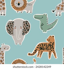 Cute colorful safari animals crocodile  tiger Leon elephant  seamless print pattern graphic tee design for kids market as vector