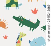 Cute colorful safari animals rhino crocodile turtle giraffe Leon elephant tiger sun funny seamless print pattern graphic tee design for kids market as vector