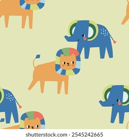 Cute colorful safari animals rhino crocodile turtle giraffe Leon elephant tiger sun funny seamless print pattern graphic tee design for kids market as vector