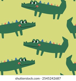 Cute colorful safari animals rhino crocodile turtle giraffe Leon elephant tiger sun funny seamless print pattern graphic tee design for kids market as vector