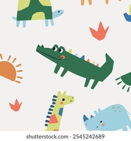 Cute colorful safari animals rhino crocodile turtle giraffe Leon elephant tiger sun funny seamless print pattern graphic tee design for kids market as vector