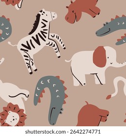 Cute colorful safari animals rhino crocodile turtle giraffe Leon elephant zebra tiger sun funny seamless print pattern graphic tee design for kids market as vector