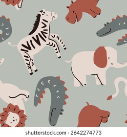 Cute colorful safari animals rhino crocodile turtle giraffe Leon elephant zebra tiger sun funny seamless print pattern graphic tee design for kids market as vector