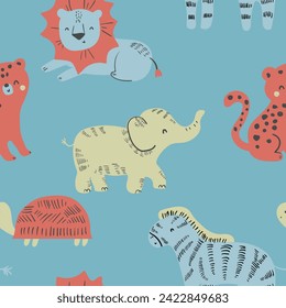 Cute colorful safari animals zebra turtle leopard tiger Leon elephant  seamless print pattern graphic tee design for kids market as vector