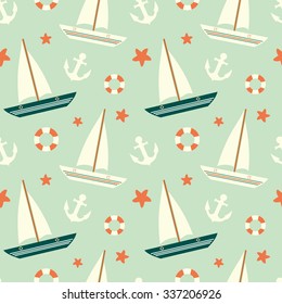 cute colorful sailboat seamless vector pattern with anchor and lifebuoy background illustration