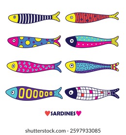 Cute colorful sardine. Kids background. Sardines, salmon, tuna, tilapia. Vector set. Kids illustration.