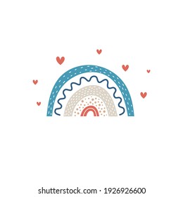 Cute colorful Scandinavian rainbow with hearts for nursery posters, children arts, boho cards, baby shower, textile isolated on white background.