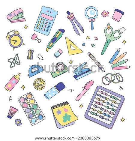 Cute Colorful school Stationery Vector Illustration