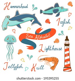Cute colorful sea alphabet. Vector illustration