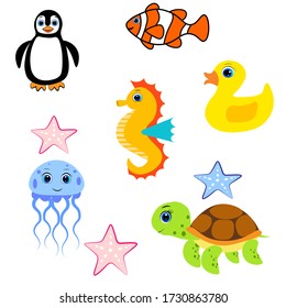 Cute colorful sea animals set . Marine life. Sea life, ocean wildlife . 