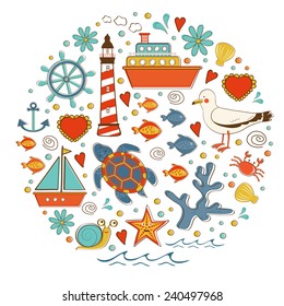 Cute colorful sea collection with various elements. Vector illustration