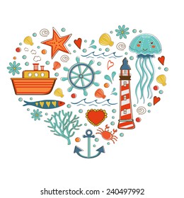 Cute colorful sea collection with various elements. Vector illustration