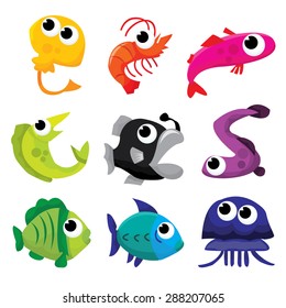 Cute colorful sea creatures vector stock illustration..