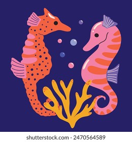 Cute colorful seahorse couple with coral, algae or seaweed deep into the sea or ocean vector illustration in cartoon funky doodle style isolated on dark background
