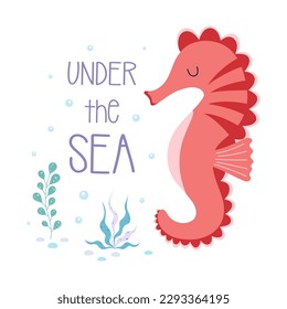 cute colorful seahorse and seaweed on white background, vector cartoon animals illustration, print for cards, wallpaper, textile, fabric, flat style