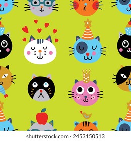 Cute colorful seamless background with funny cats. Can be used for wallpaper, pattern fills, web page background,textile, postcards.