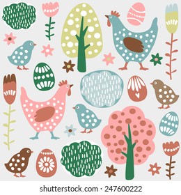 Cute colorful seamless easter spring vector pattern with hand drawn hens, chickens, eggs and flowers
